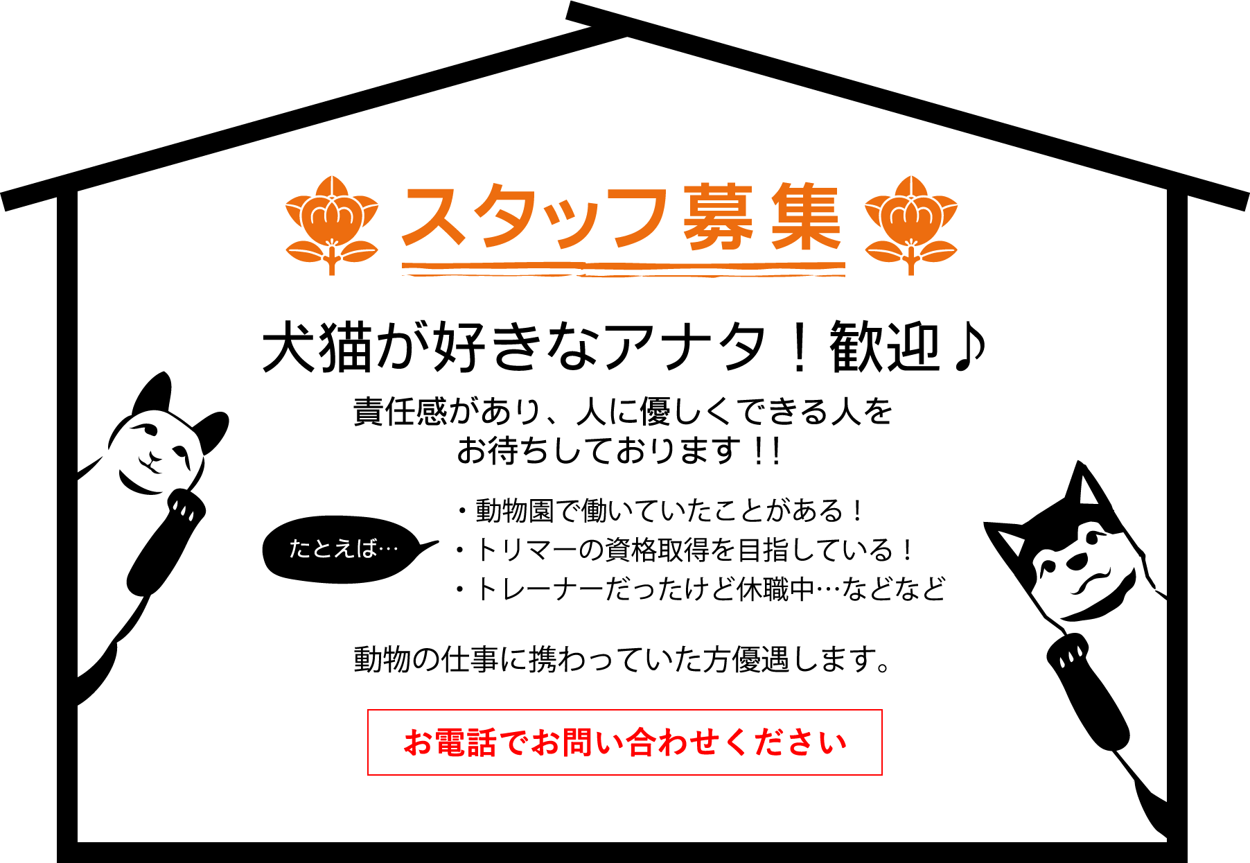 スタッフ募集 動物が好きなアナタ！歓迎♪ とにかく動物のお世話が好きな方、大募集です。詳しくはお問い合わせください！